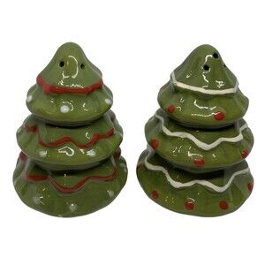 Christmas Tree salt and Pepper Shakers Green Multicolor 3” Tall Holiday Time